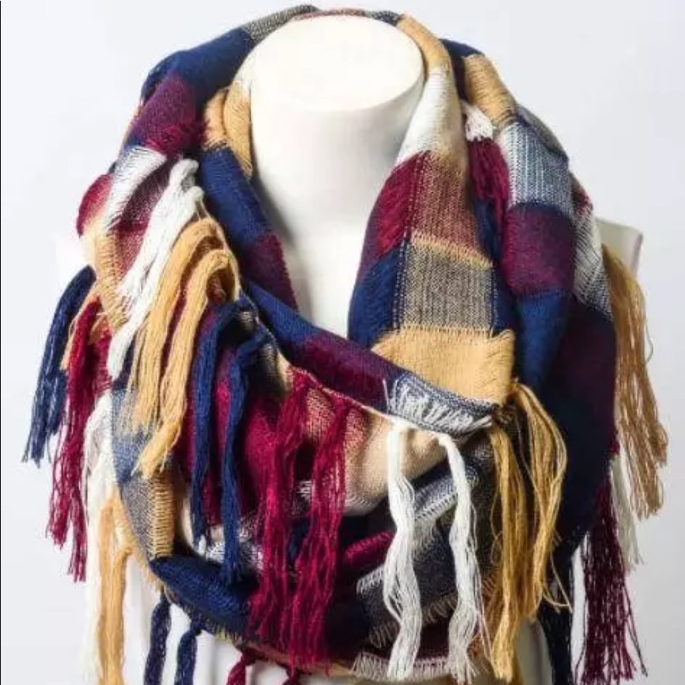 Fringe Tassel Infinity Scarf BURGUNDY Camel Blue